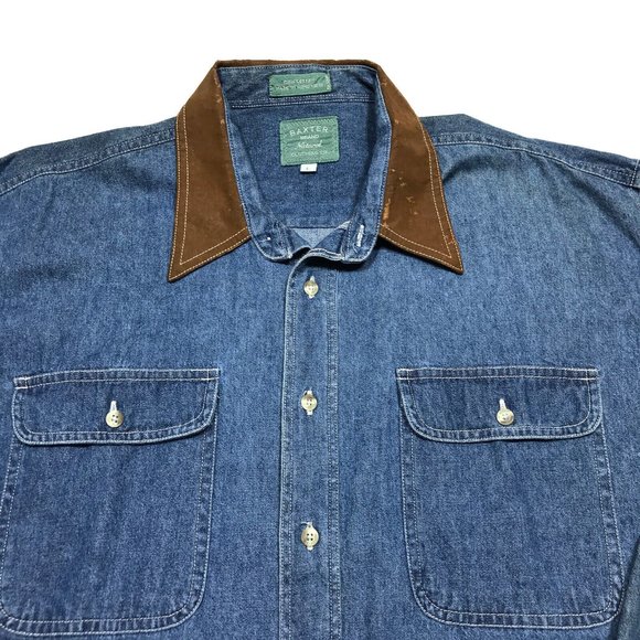 VTG Baxter Brand Workshop Denim Leather Collar Button Cotton Work Shirt Mens L - Picture 4 of 7